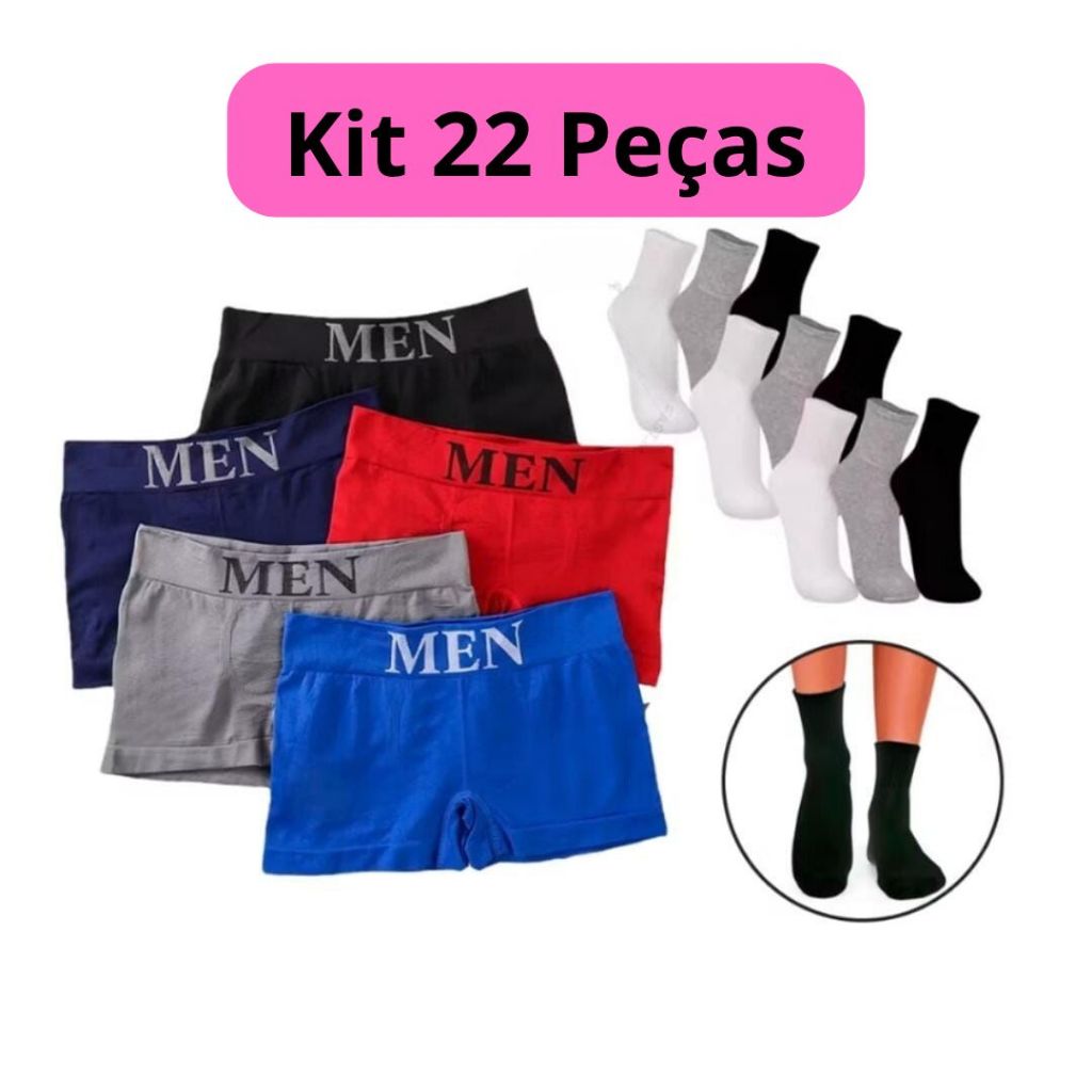 Kit 10 Cuecas Boxer Box Adulto + 12 Pares de Meias/ Cuecas Microfibra/Cuecas Adulto/Meias Adulto/Meia de Algodão/Revenda