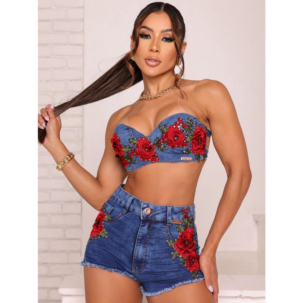 Conjunto Jeans Short e Top Cropped Estilizados Estilo e Marmorizado Look Linha Premiun Kit jeans