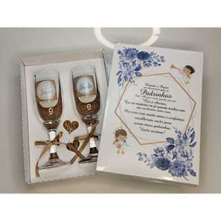 Batizado Caixa convite casal padrinhos com taças de vidro Dindo e Dinda em Oferta na Shopee
