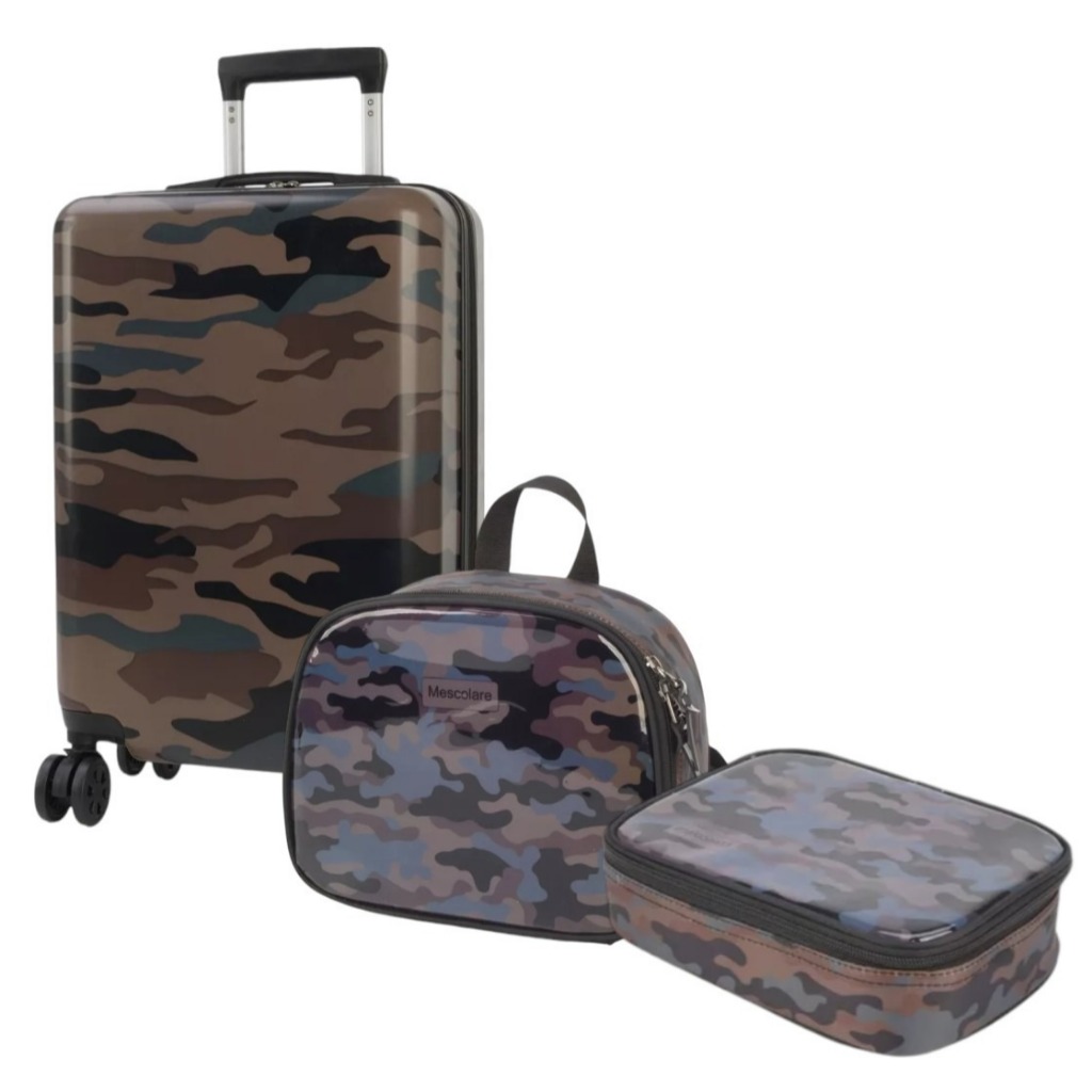 Kit Mochila Malinha Escolar Rígida Camuflada 4 Rodinhas 360º