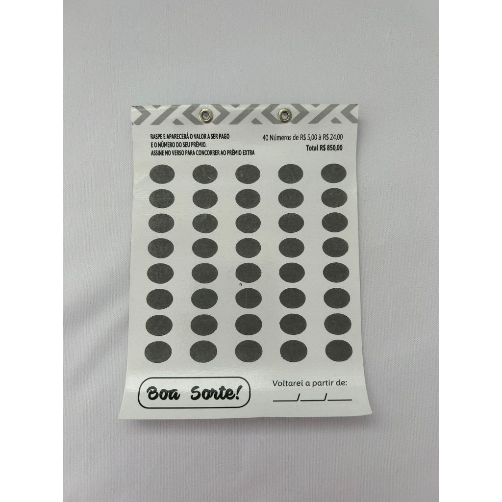 CARTELA DE RASPADINHA 40 NÚMEROS VALOR TOTAL VARIADO