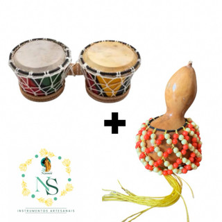 kit percussão - Bongô + xequere PP afoxe -, tambor, caxixi, percussão, ab,agbe, instrumento artesanal bahia