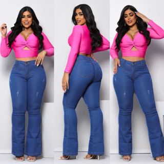calça flare feminina jeans boca de sino com elastano levanta bumbum cintura alta em Oferta na Shopee