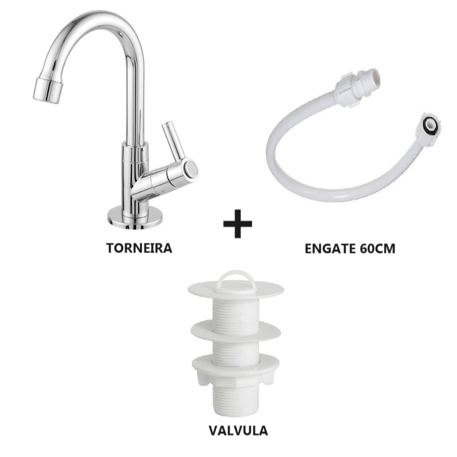 Torneira Para Lavatorio Lavabo Banheiro Abs 1/4 Volta + Engate 60cm PVC + Valvula Lavatorio Branca