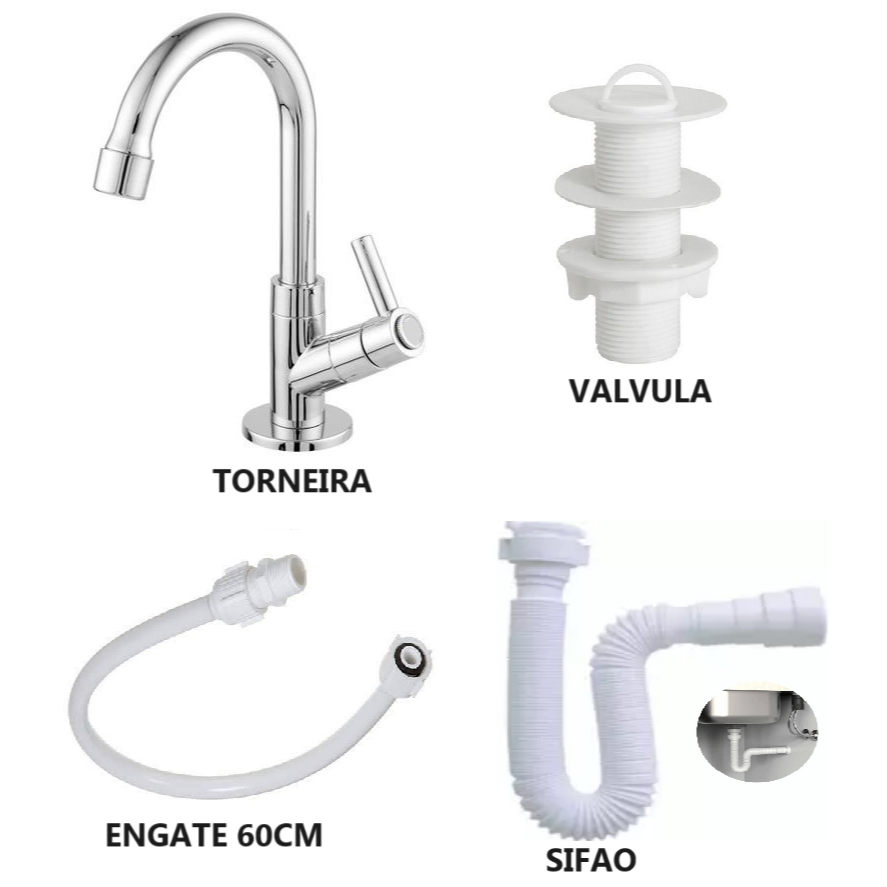 Torneira Lavatorio Lavabo Banheiro Abs + Engate 60cm PVC + Valvula Lavatorio Branca + Sifao branco