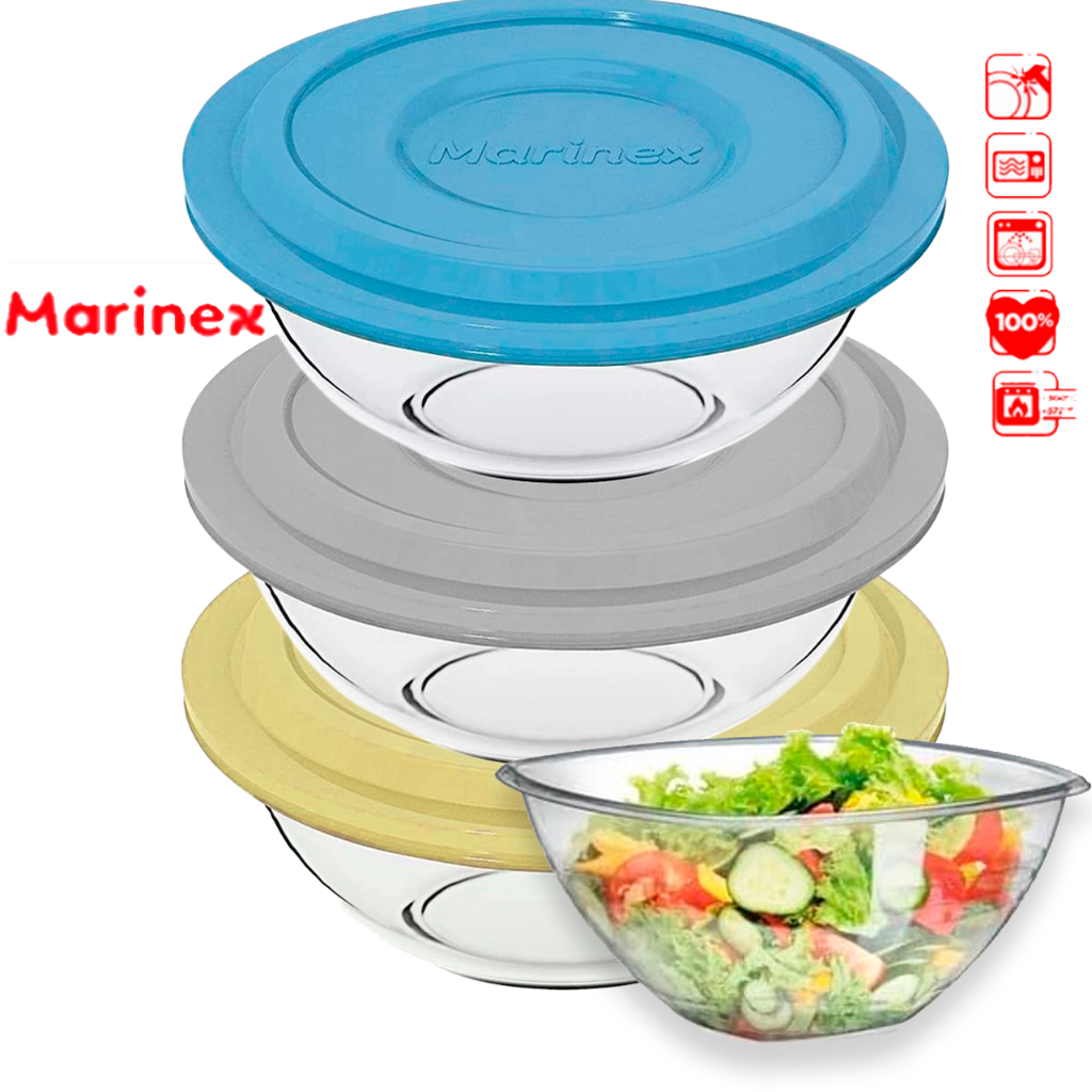 Kit 03 Tigelas de Vidro com Tampa Para Preparo Redonda Plus Marinex de 1,5 Litros Saladeira