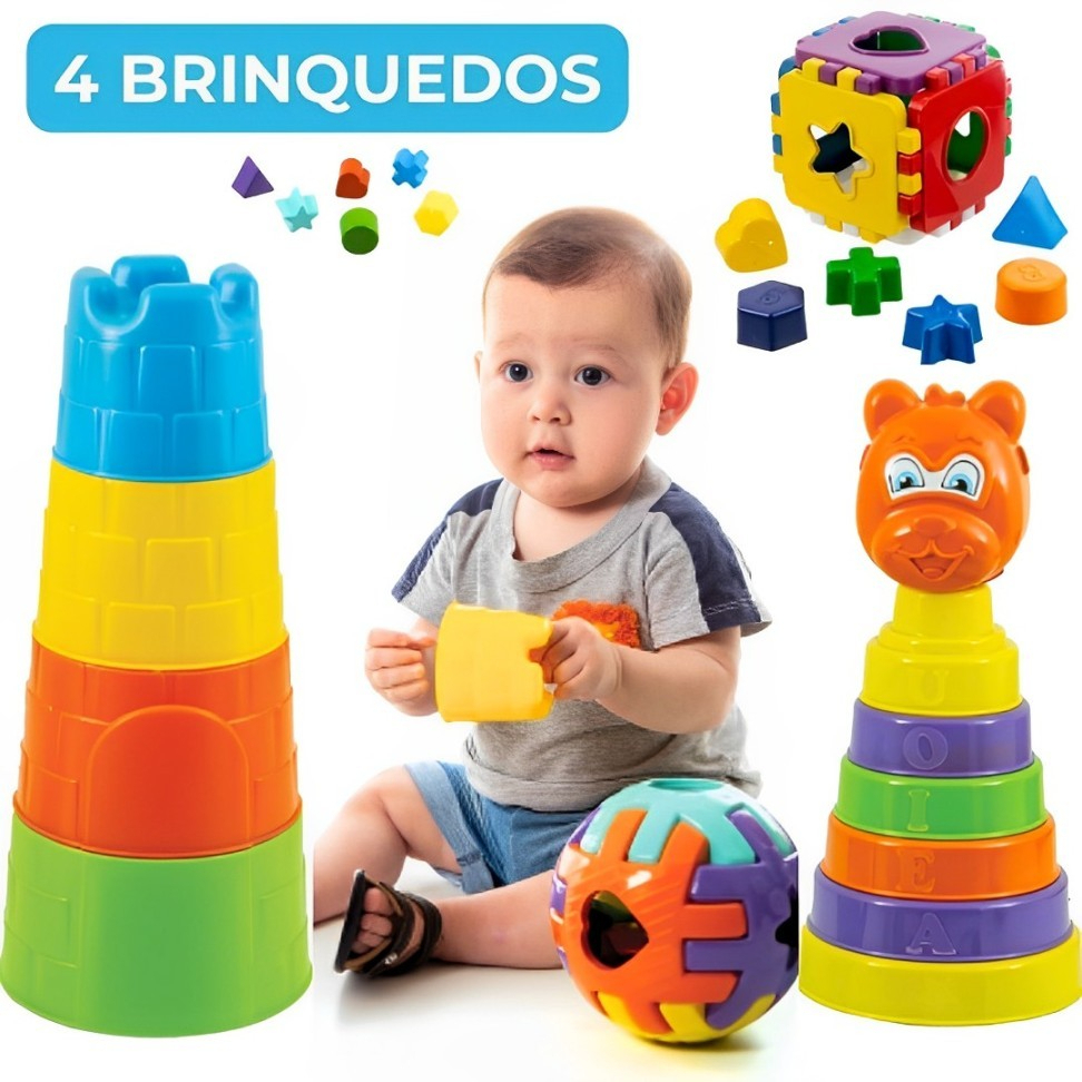 Kit De 4 Brinquedo Infantil Brinquedos Didáticos Para Bebê Ursinho+Cubo+ Bola+ Torre de Empilhar