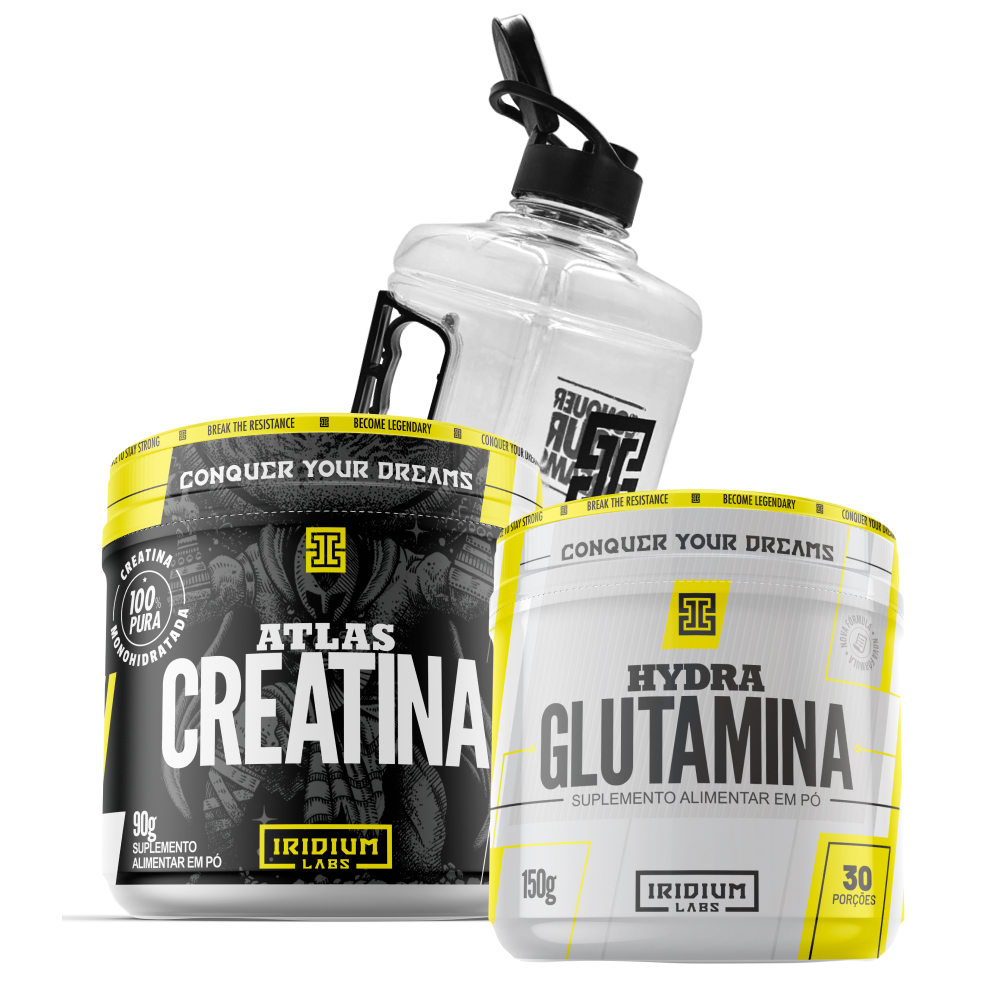 Kit Glutamina Hydra 150g + Creatina Atlas 90g + Galão 1,5L