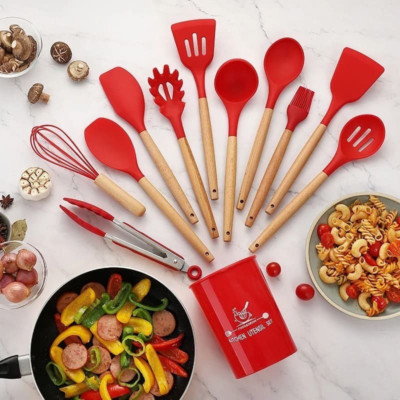 Jogo de Cozinha Kit C/12 Peças Vermelho Para Ceia de Natal Utensílios de Cozinha em Silicone