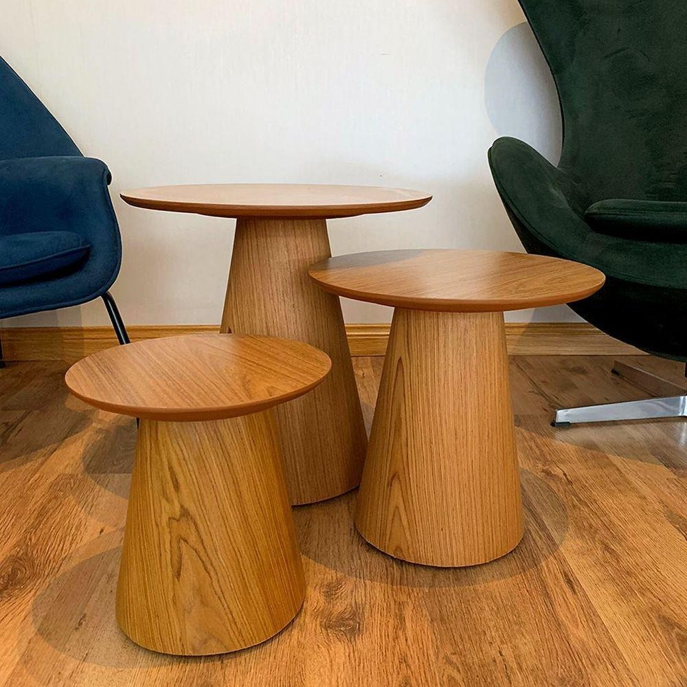 Trio De Mesas Lateral Cone Redonda Freijó Marrom