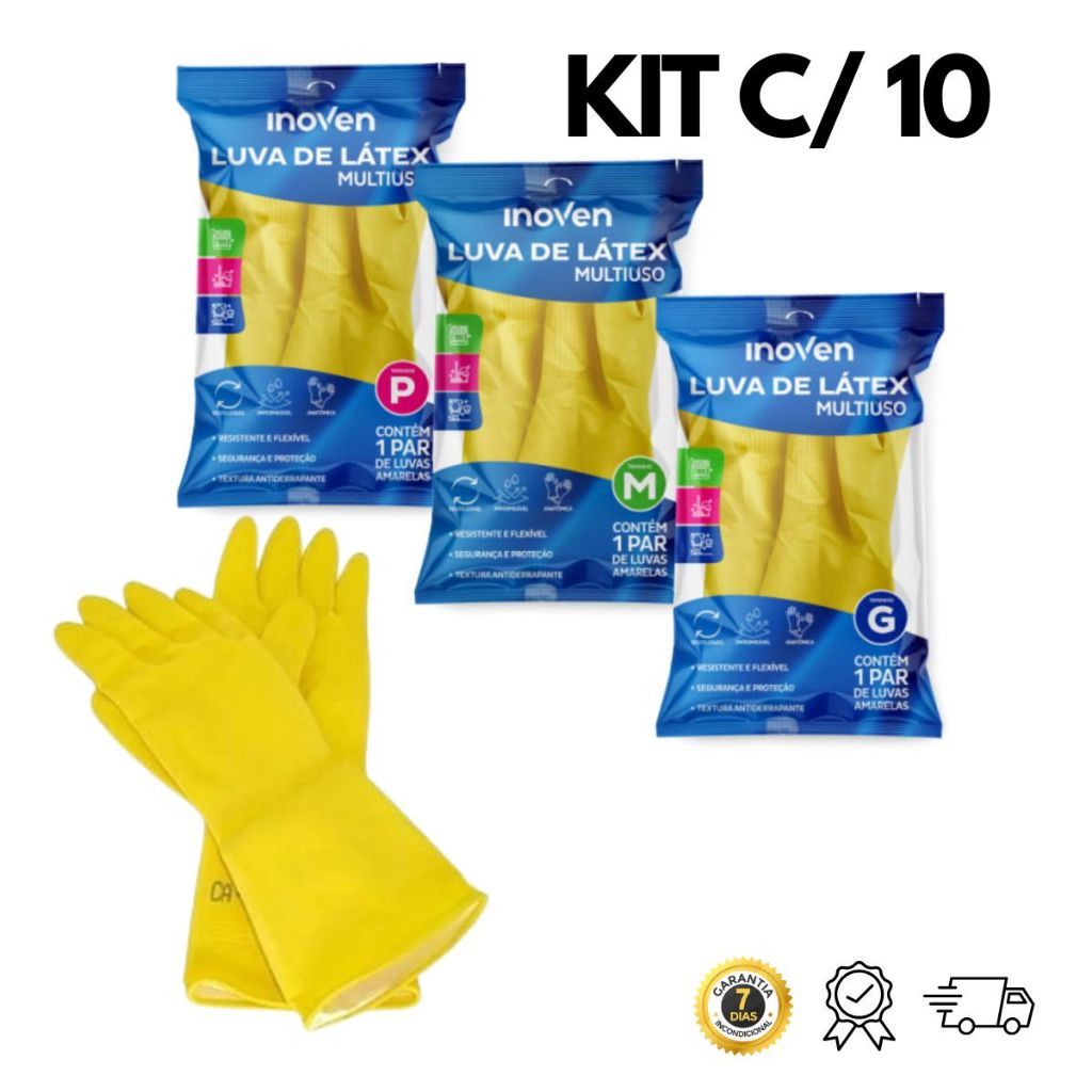 Kit 10 pares Luvas Limpeza Látex Multiuso Amarela em Oferta na Shopee