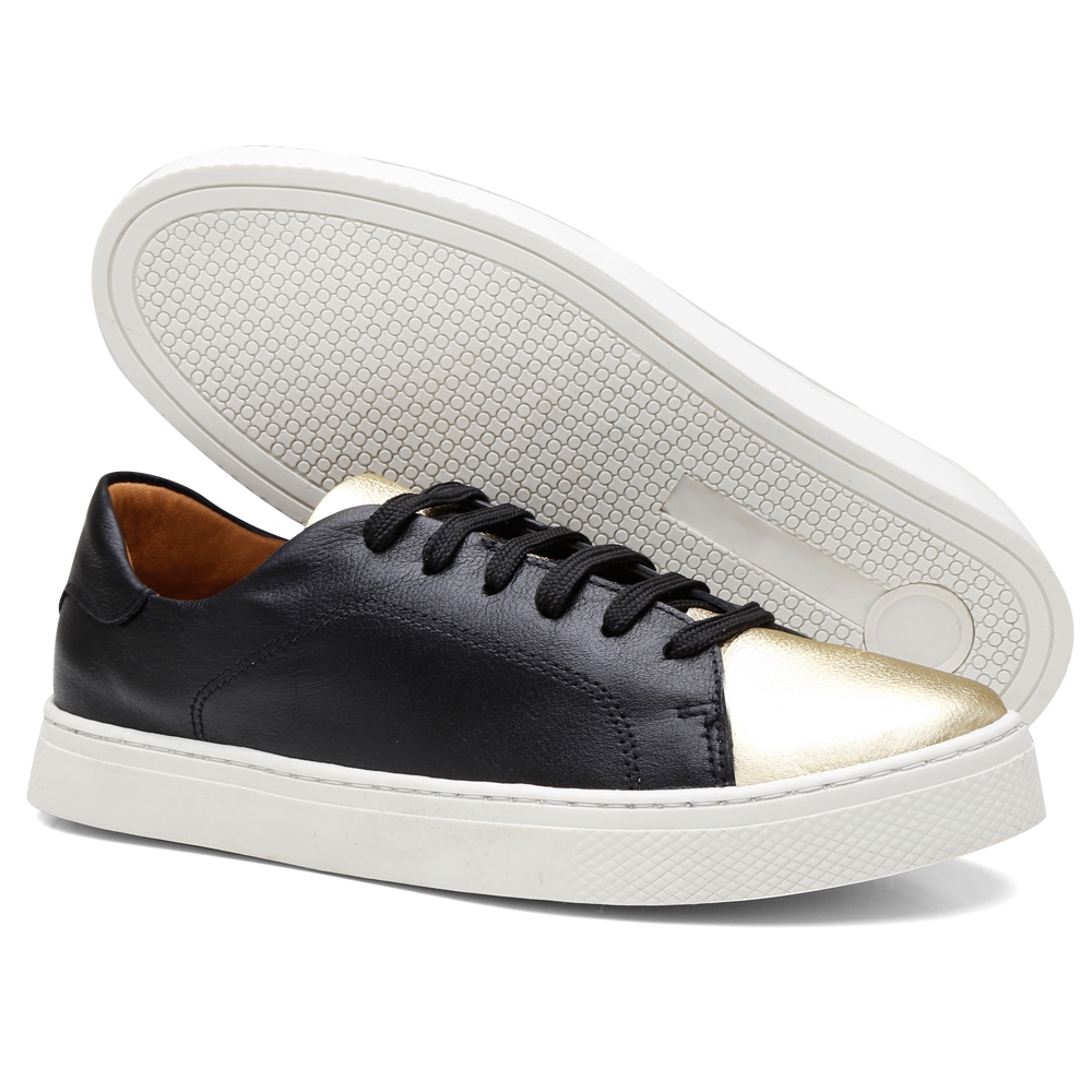 Tênis Feminino de Couro Cano Baixo Casual Confortável Com Detalhe Dourado e Atacador Ajustáve