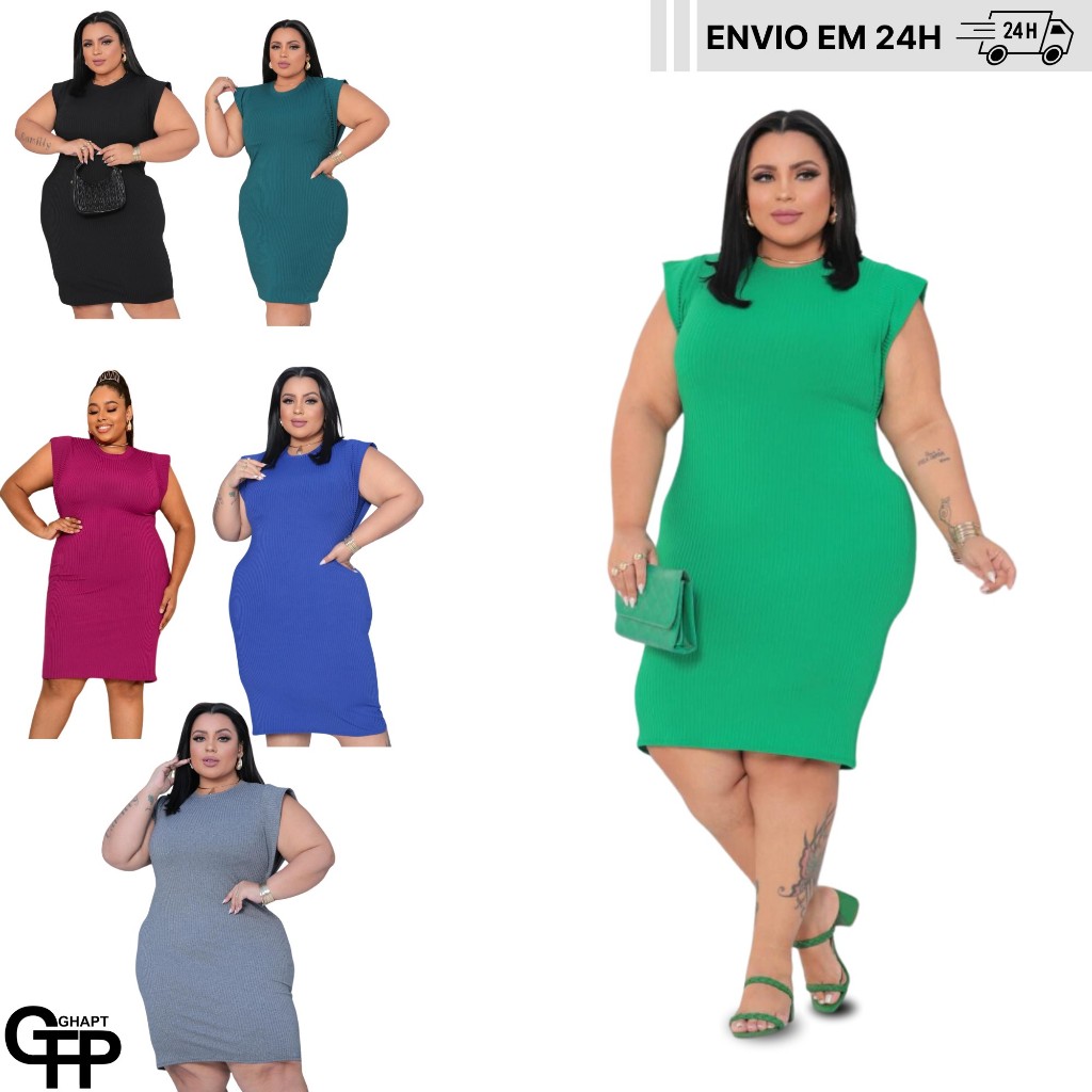 Vestido Plus Size Feminino Muscle Curve Midi Malha Canelada