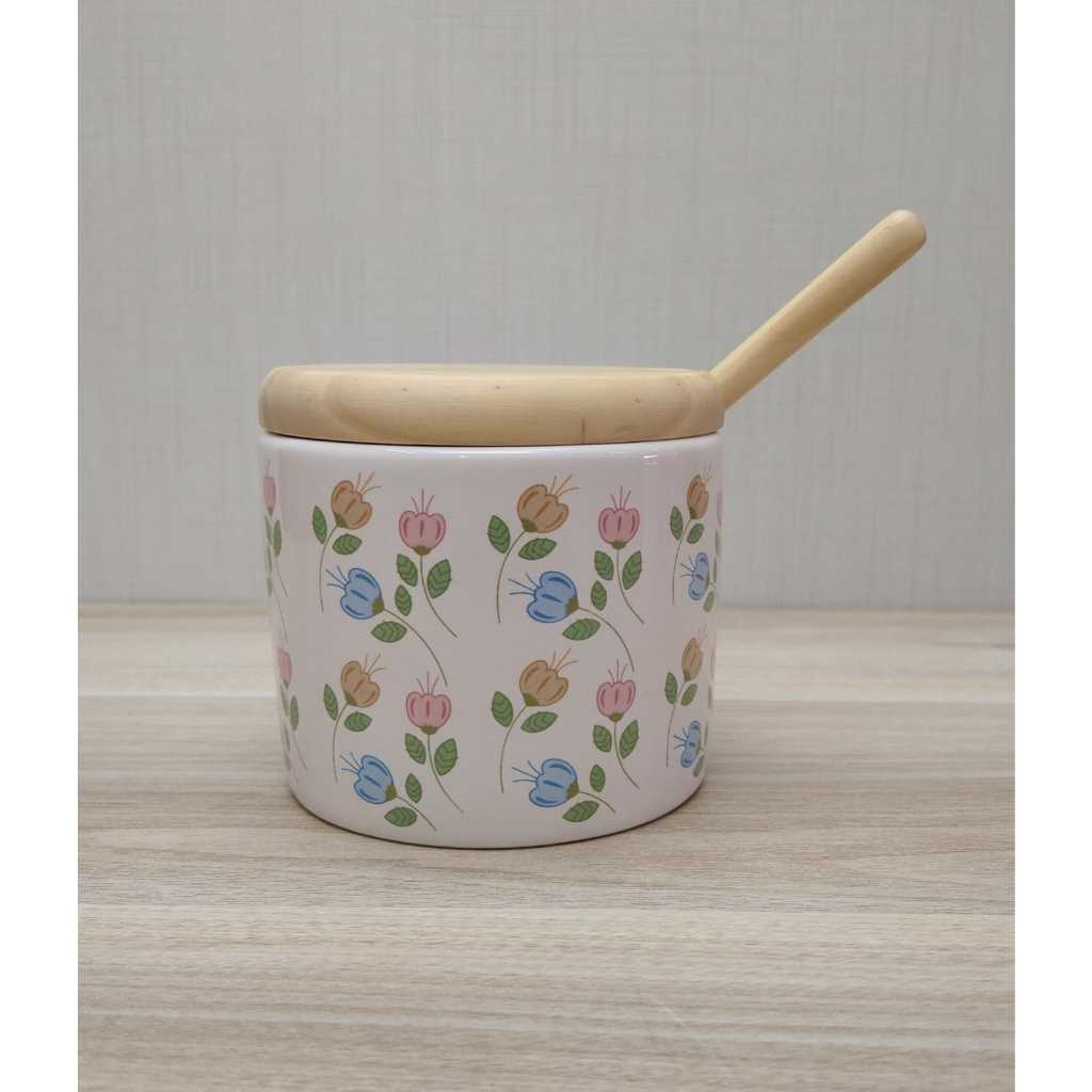 Açucareiro de Porcelana Porta Açúcar Porta Temperos Porta Condimentos de Mesa Tulipas com Colher de Pinus