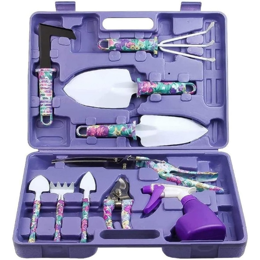 Kit jardinagem pro 10 peças metal maleta tesoura ancinho rastelo Floral Roxo