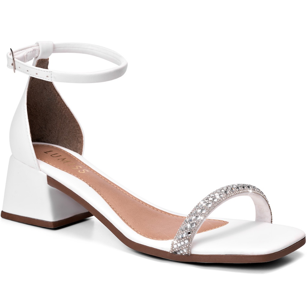 Sandália Feminina Lumiss Salto Baixo Bloco Confortável Fivela Strass Brilho Branco em Oferta na Shopee