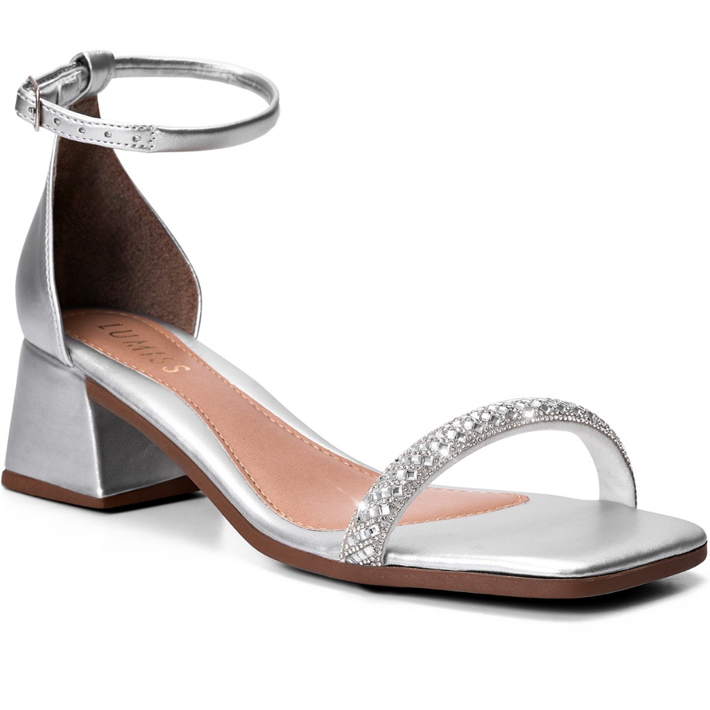 Sandália Feminina Lumiss Salto Baixo Bloco Confortável Fivela Strass Brilho Prata - Women Shoes