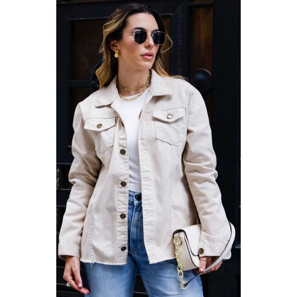 Max Jaqueta Jeans Casual Feminina Sem Barra Botão Ferro  Collor Areia , Ser lycra com bolso e botão