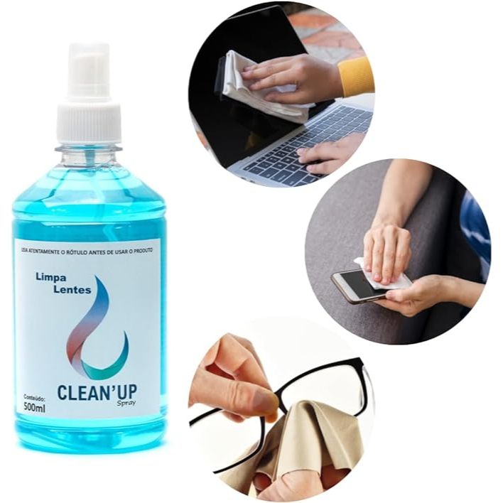 1 Limpa Lentes 500ml + 3 Flanelas Microfibra Ideal na limpeza de óculos, TV, Celulares e telas.