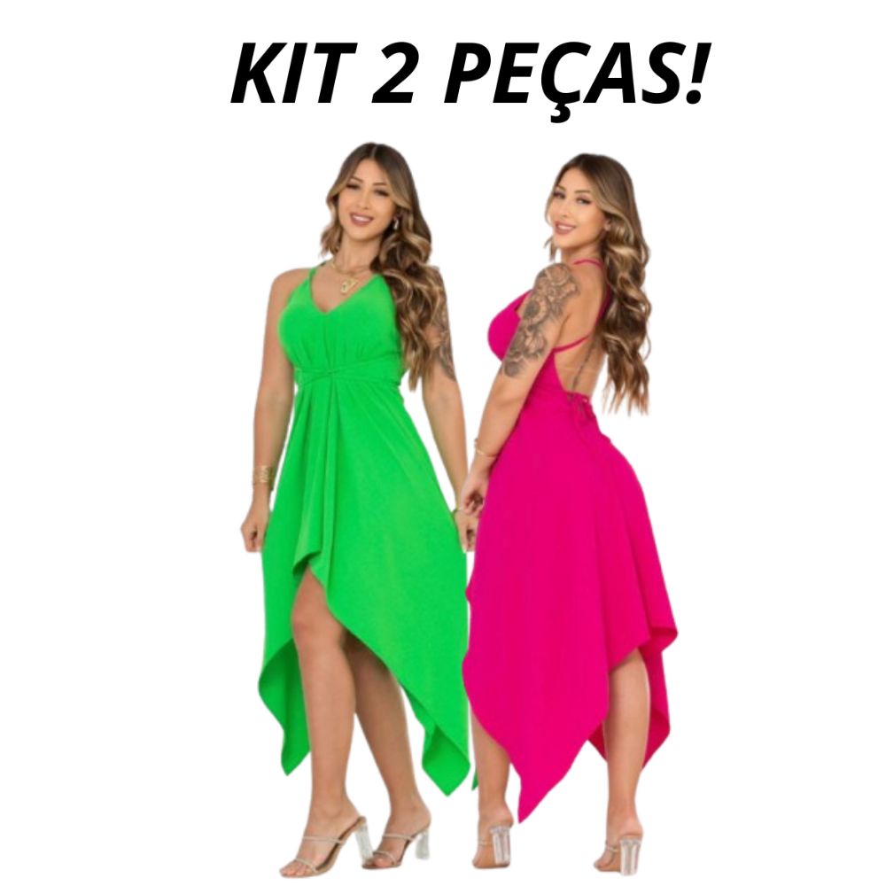 Kit 2 Peças Vestido Midi Feminino Amarração De Ponta Envelope Soltinho Indiano Festas Cores Sortidas