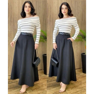 Saia Midi Em Alfaiataria Com Cinto / Saia Moda Evangélica / Saia Moda Modesta
