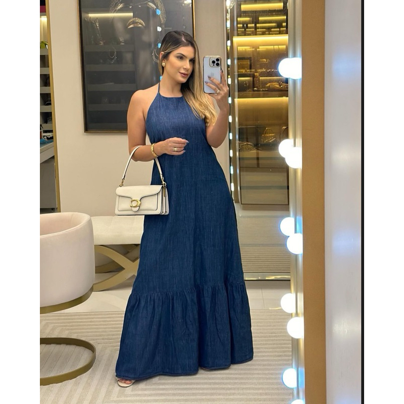 vestido jeans/vestido frente único /vestido Costa nua/vestido longo/vestido elegante /moda verão