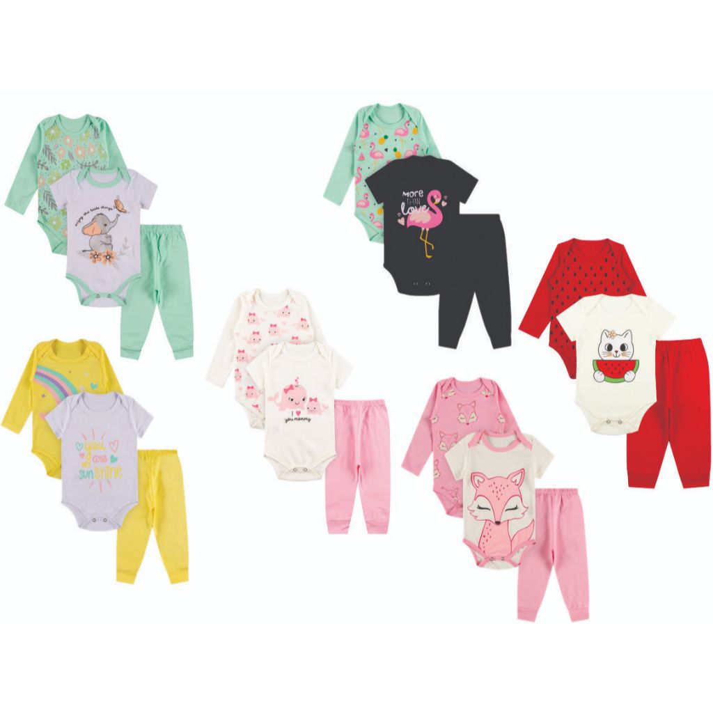 Kit Body roupa De Bebe 15 Peças Body Manga Longa e Curta e Calça Algodão Menina