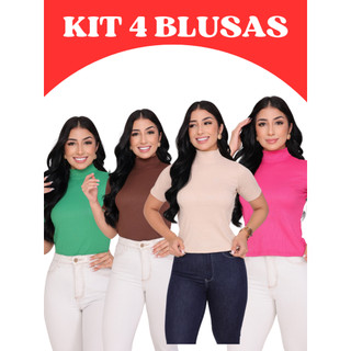 KIT 4 T-SHIRT GOLA ALTA CANELADO COM MANGA CURTA FEMININA BLUSA COM GOLA