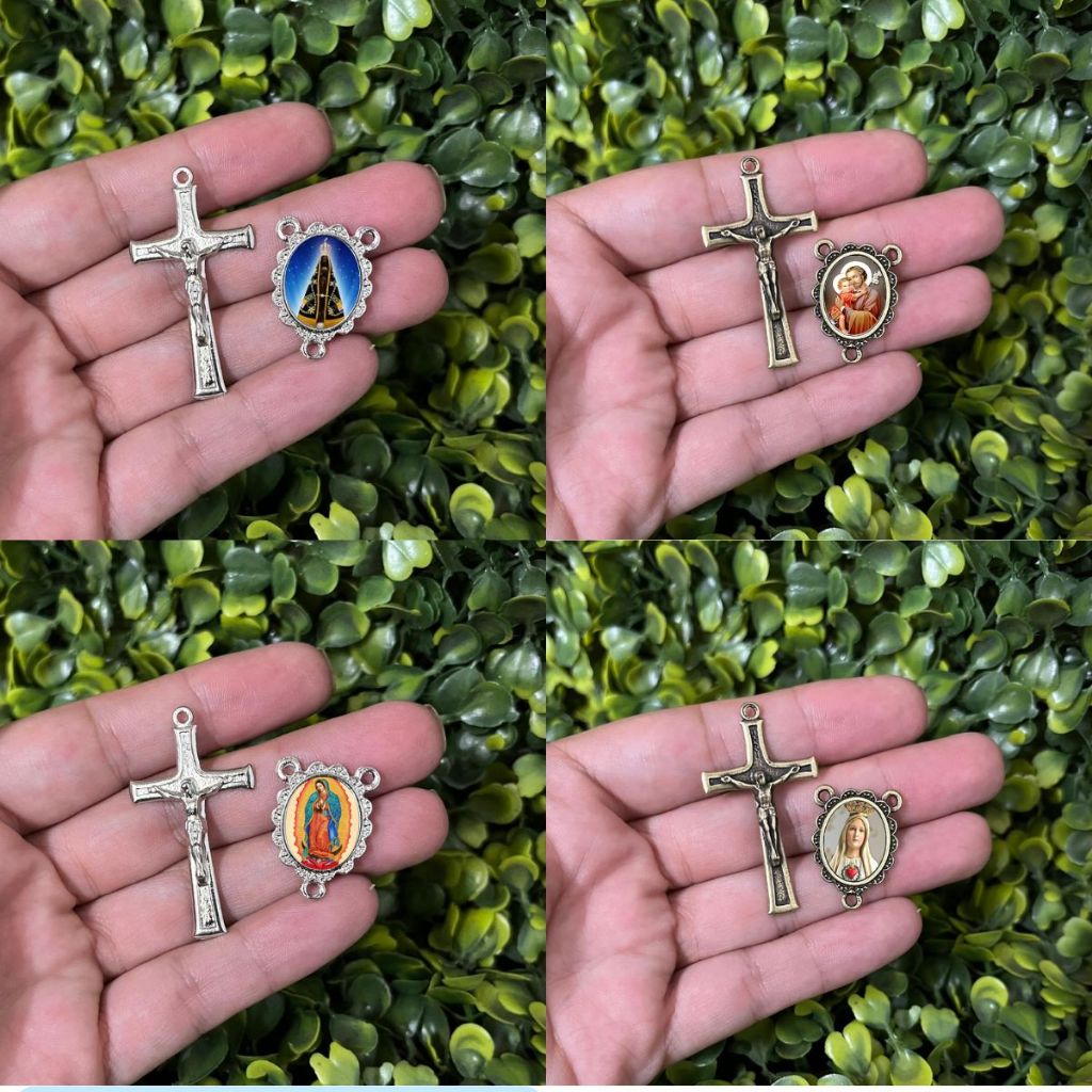 10 Crucifixo para Terços + Entremeio Resinados - Kit para Terços Aparecida Carlo Acutis Sagrada Familia Santa Luzia