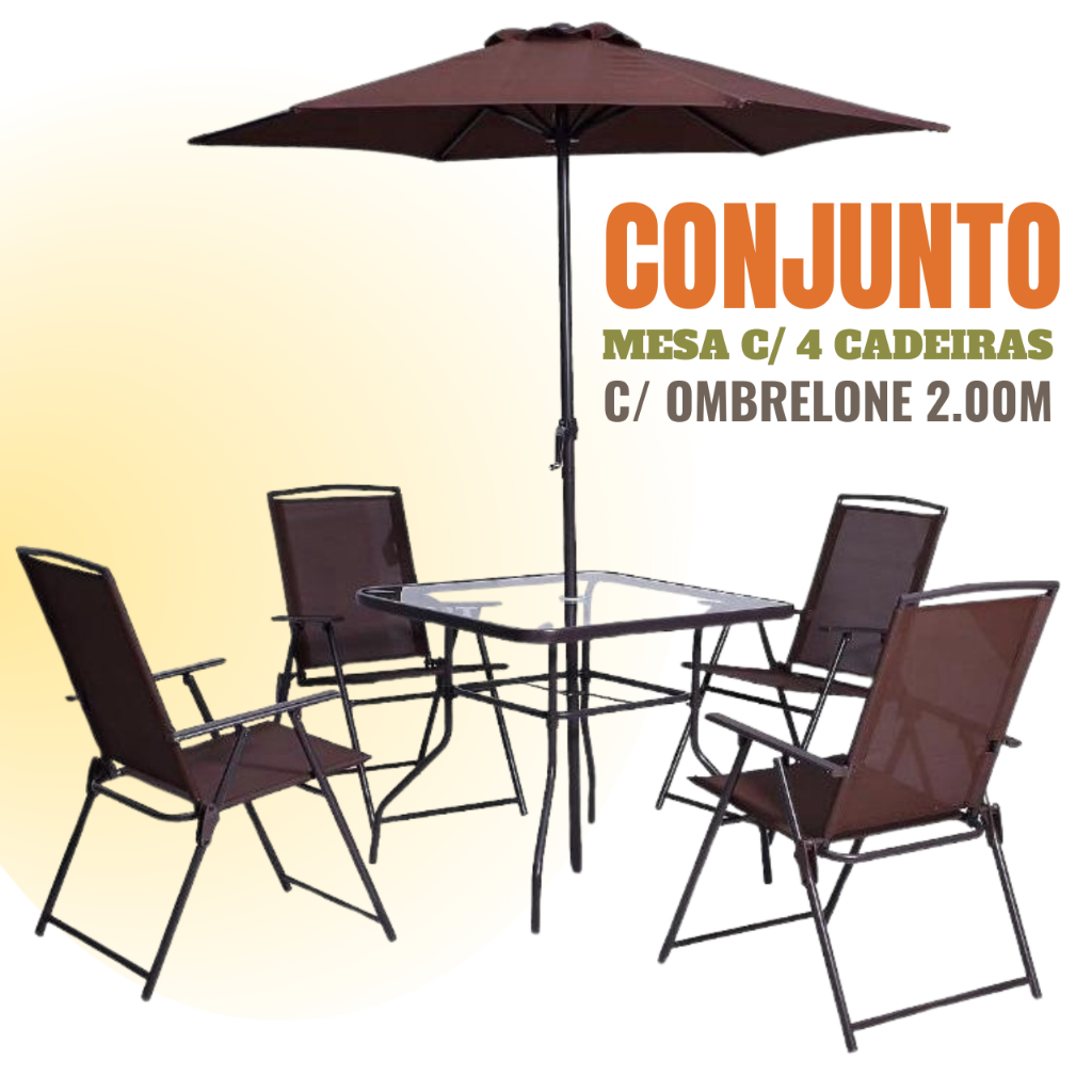 CONJUNTO MESA QUADRADA DOBRÁVEL C/ 4 CADEIRAS E OMBRELONE 2.00M DE DIÂMETRO