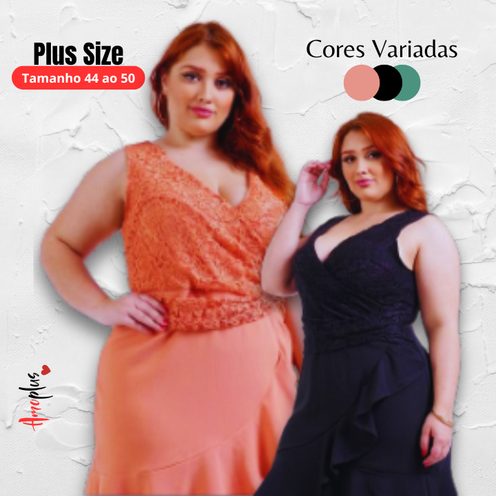 Vestido Midi Renda Malha Crepe Forrado Regata com Renda Plus Size M G GG