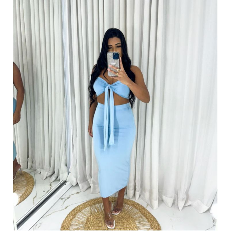 Conjunto feminino longo luxo com amarração no peito moda gringa (ISIS)