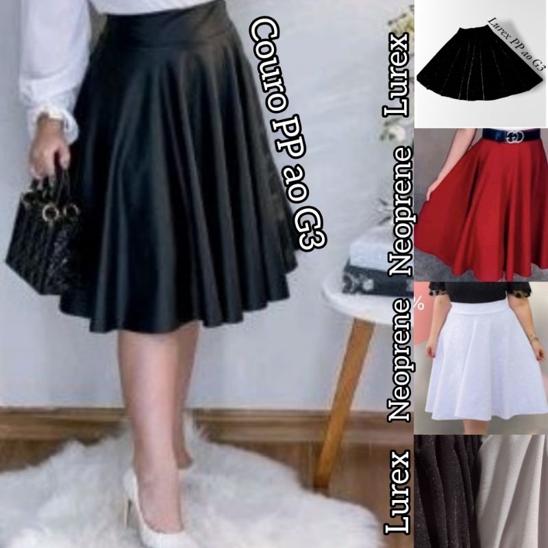 Saia couro,Saia Courino moda evangélica de couro preta e vermelha PP ao G3 em Oferta na Shopee