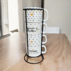 Jogo De Xícaras Empilhavel Café Chá Porcelana Com Suporte Ferro Aço Preto Kit 4 Gratidão Decoração