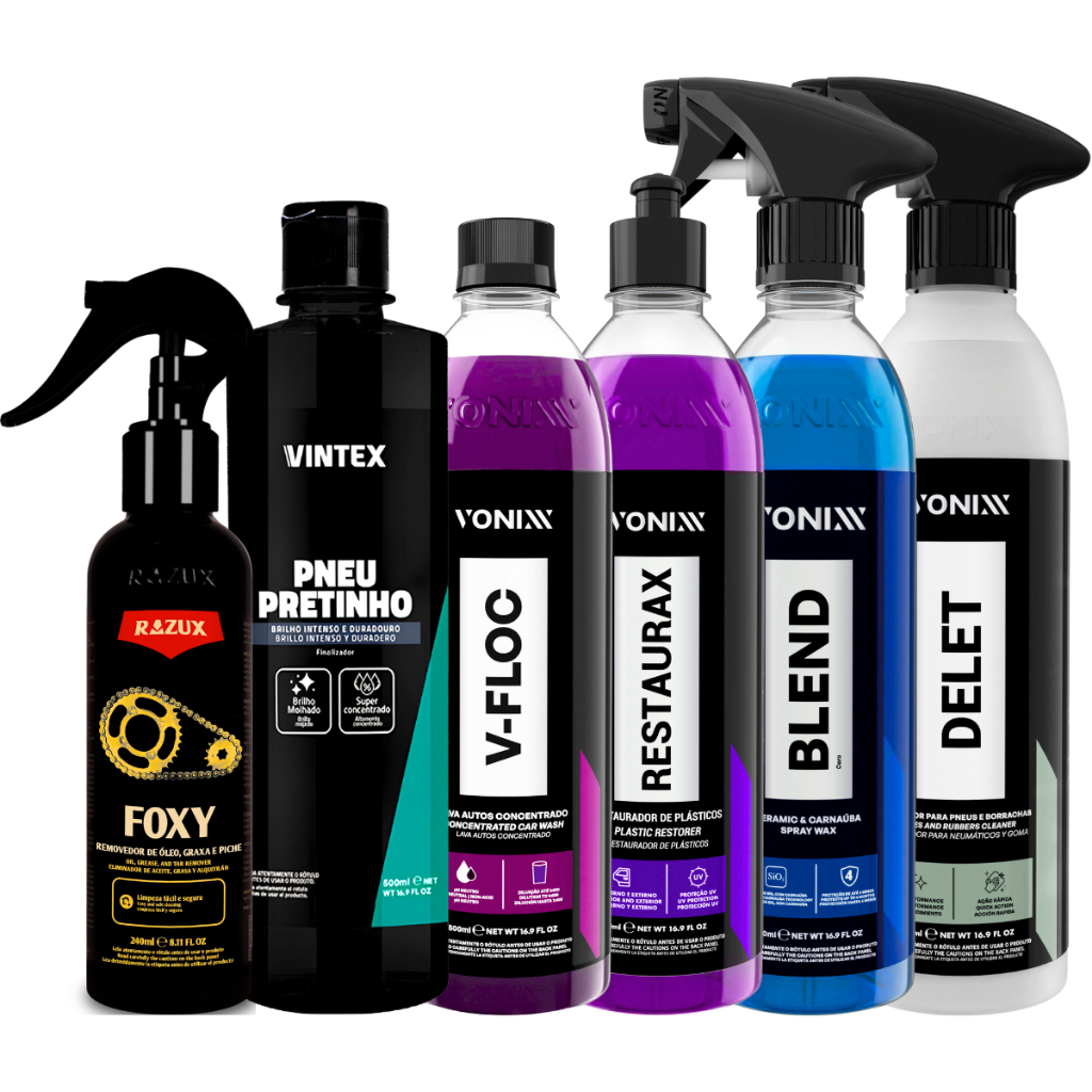 Kit Foxy Pneu Pretinho V-Floc Restaurax Delet Cera Blend Spray Vitrificadora em Oferta na Shopee