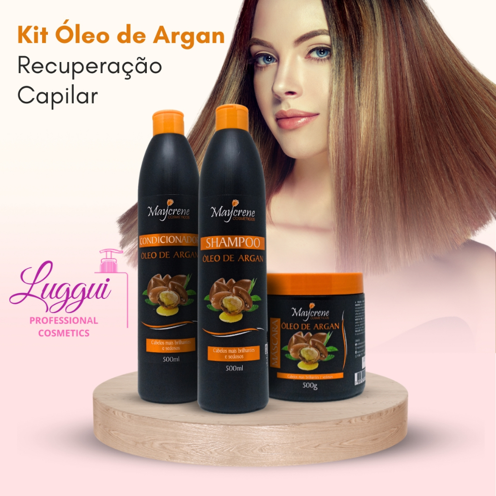 Kit Capilar Óleo de Argan 3 Passos Maycrene - Para Cabelos Quimicamente Danificados e Fragilizados em Oferta na Shopee