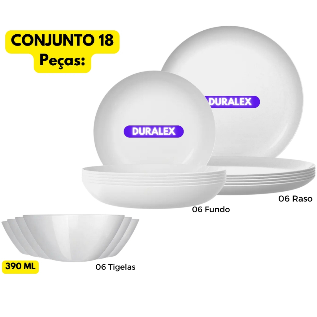 Conjunto Aparelho 18 Peças Prato Vidro Branco Duralex Blanc Fundo + Raso + Cumbuca Saladeira 390ML