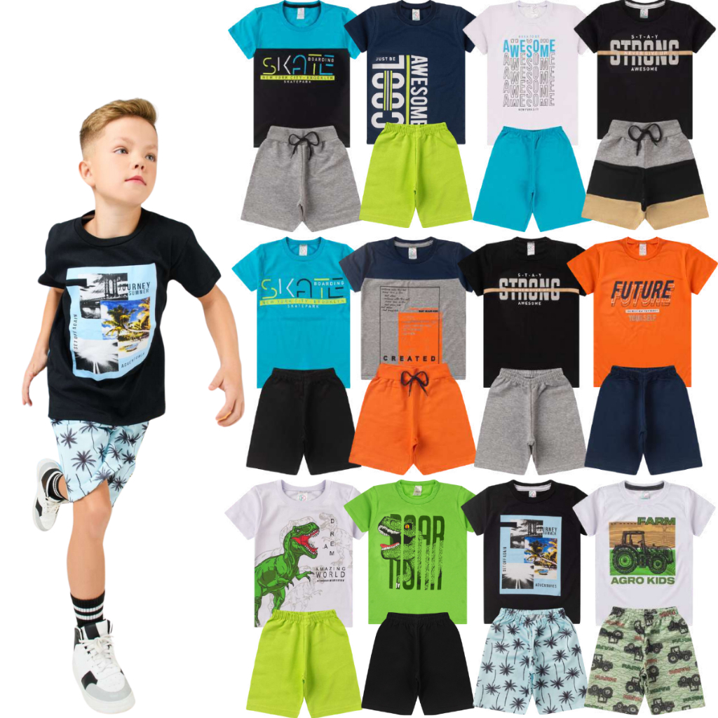 Kit 10 Peças Infantil Menino Juvenil Masculino Verão 1 ao 16 - 5 Camisetas + 5 Bermudas - Roupa Infantil Masculino Verão