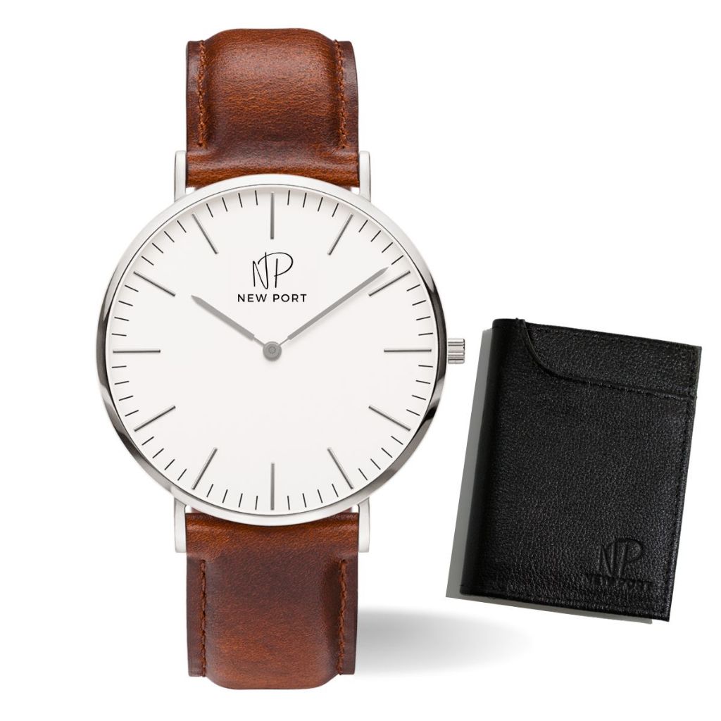 Relógio Masculino Analógico Pulseira Couro Marrom Casual Original New Port + Carteira Social
