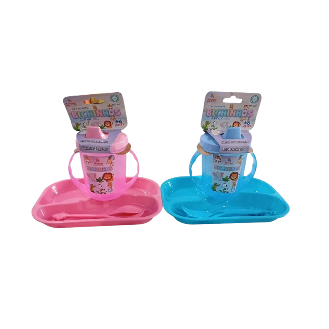 Kit Refeição Infantil Introdução Alimentar Bêbe/Criança - Prato, Copo 320Ml, Colher e Garfo