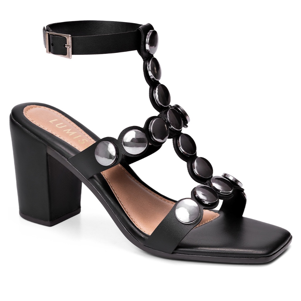 Sandália Feminina Lumiss Salto Alto Bloco Confortável Fivela Rebite Metalizado