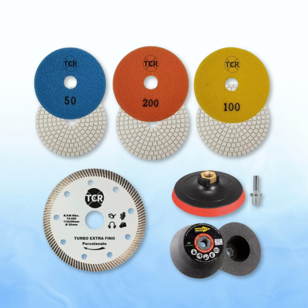 Kit Acabamento 45 Porcelanato 3 Lixas 1 Suporte 1 Rebolo 1 Disco Porcelanato