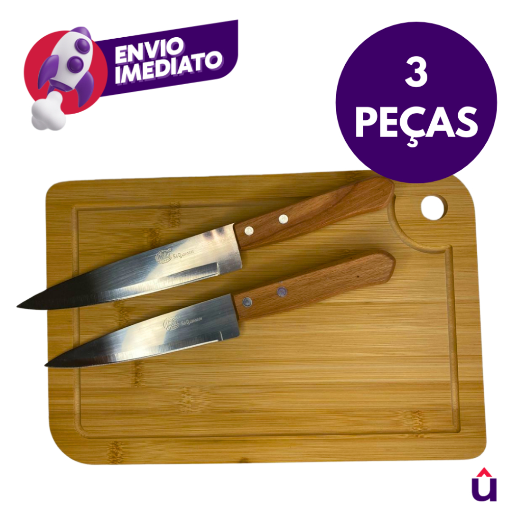 Kit Churrasco 3 Pç: Tábua Corte Em Madeira Bambu E 2 Facas Cozinha Peixeira Profissional 7” e 6”