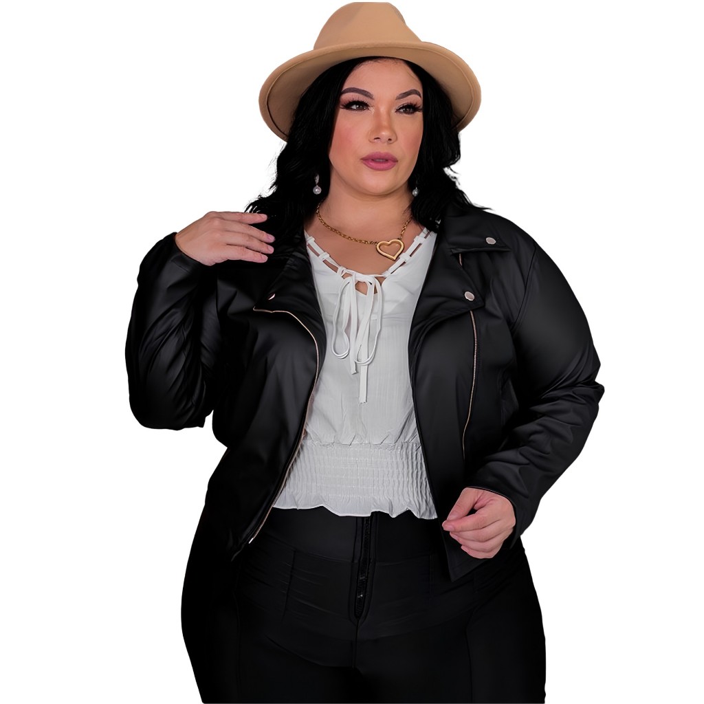 Jaqueta Feminina Plus Size Moda Curve de Couro Fake Sintético Com Zíper Transversal