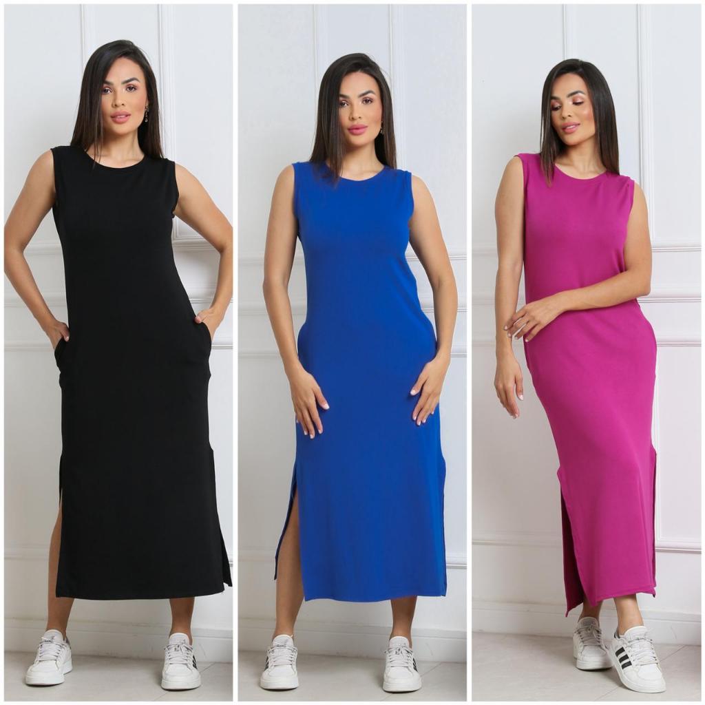 Vestido regata midi gola redonda con fendas nas laterais e com bosos nas lateraeis