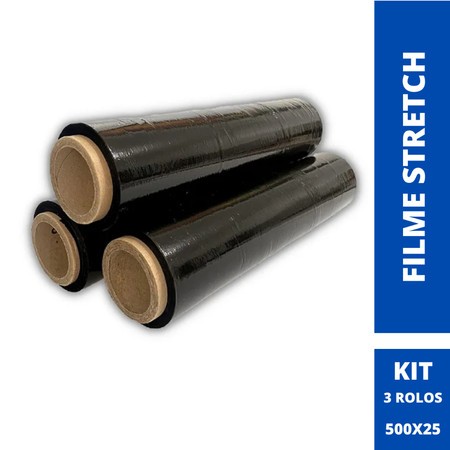 Kit 03 Bobinas Filme Stretch 50 X 300 Metros Preto Virgem 3KG Palete Ecommerce