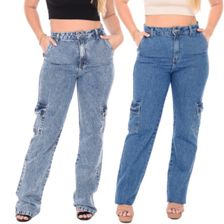 Calça Cargo Jeans Feminina Cintura Alta em Oferta na Shopee