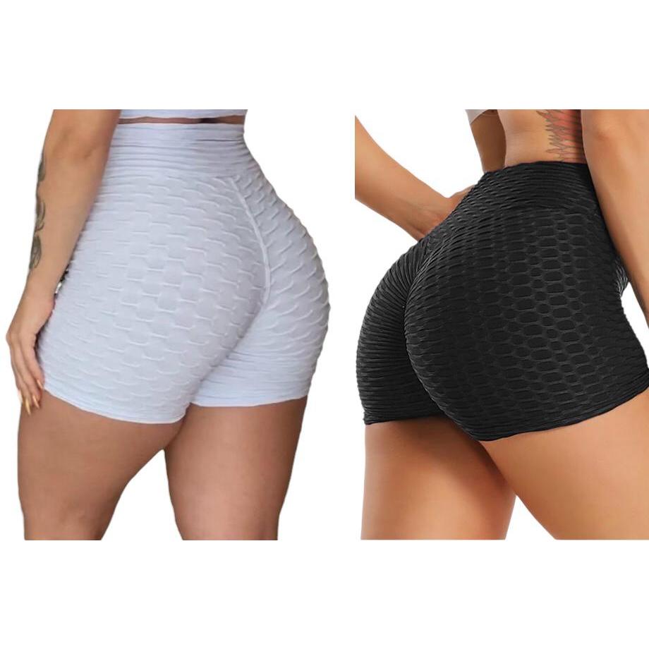 Kit 1 ou 2 Short de academia disfarça celulites bolha texturizado brocado cos alto moda feminina fitness em Oferta na Shopee