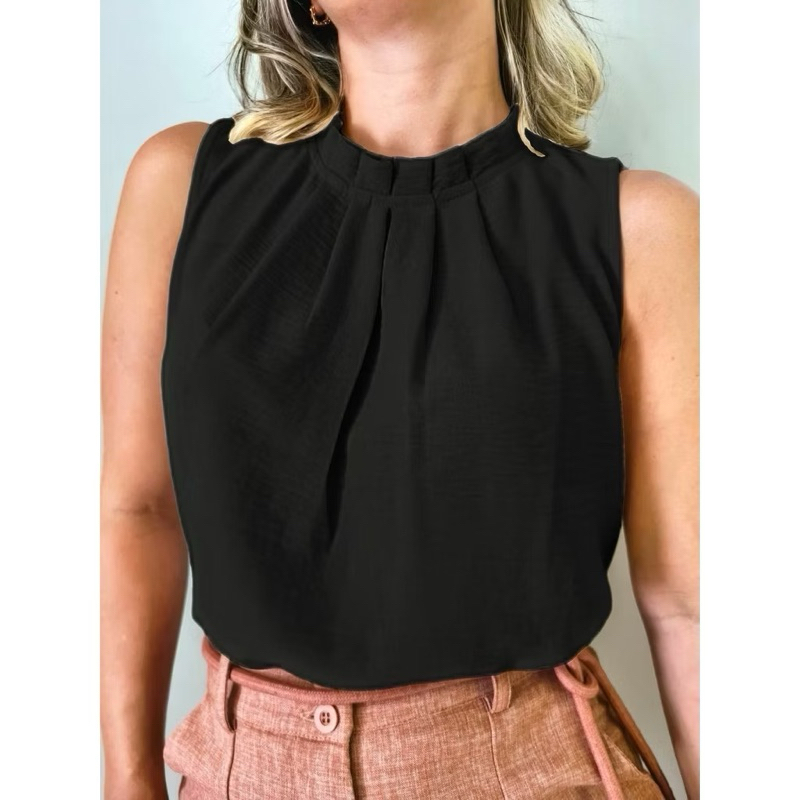 Regata Feminina Social Gola Alta Com Botão Na Costa