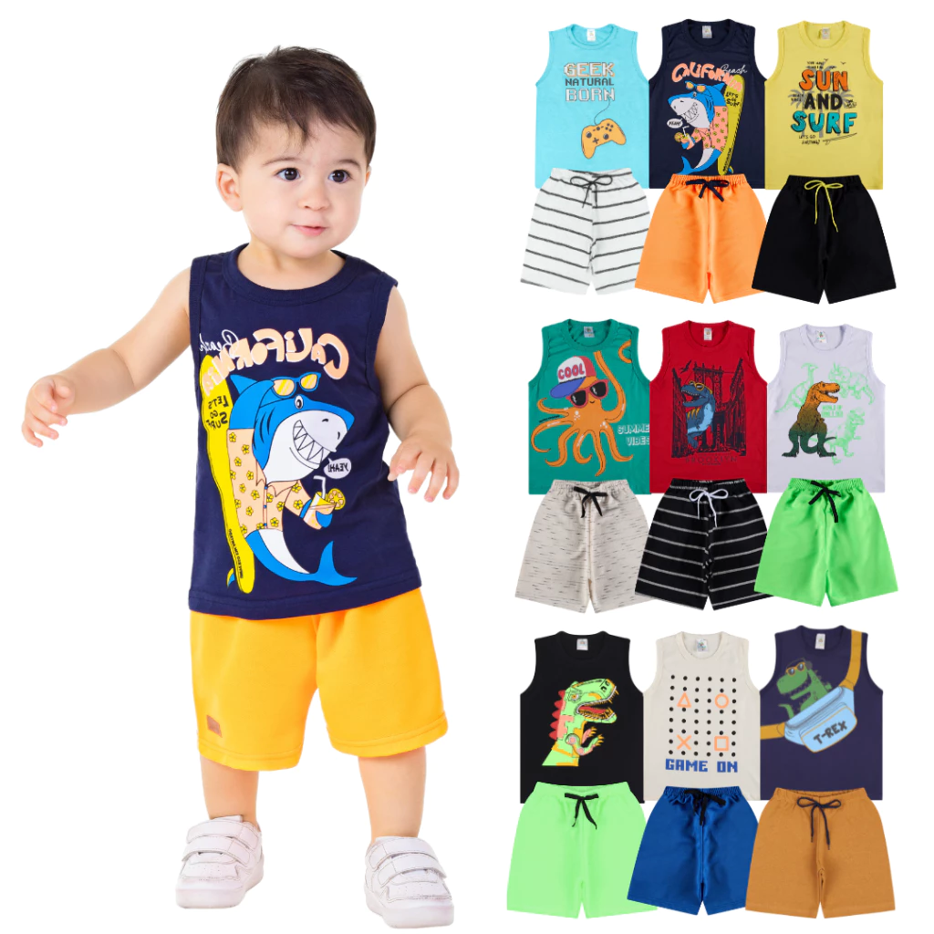 Kit 8 Peças de Roupas Infantil Bebê Menino - 4 Regatas + 4 Bermudas Tamanho 1 ao 10